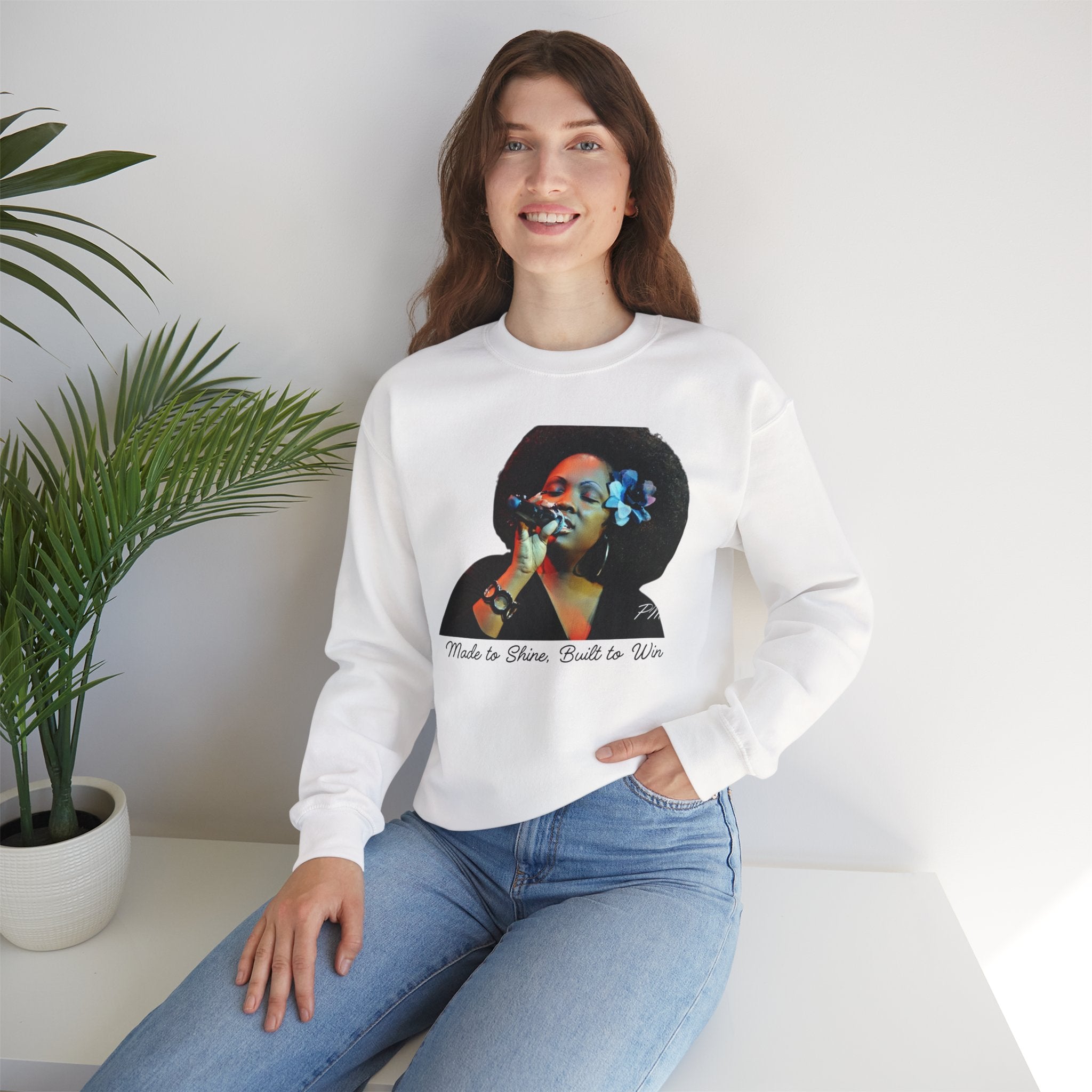 Inspirational Crewneck Sweatshirt – 'Made to Shine, Built to Win' Motivational Fleece Pullover